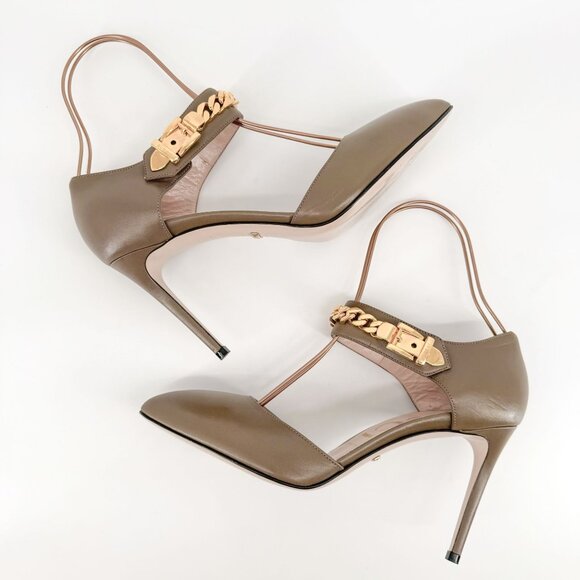 Gucci Sylvie Chain d'Orsay Pumps EU 40 US 10 Tan Leather High Heel Taupe Pointed - Picture 8 of 14